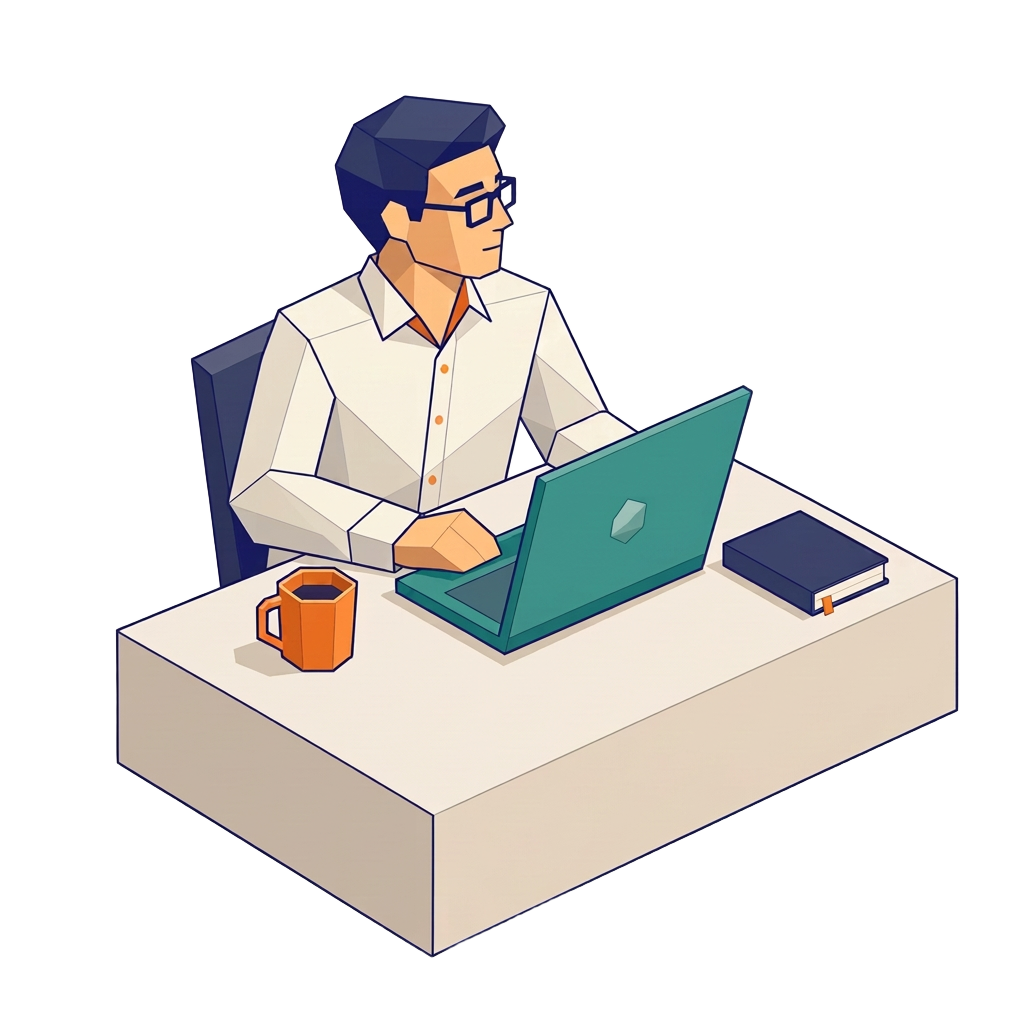 Isometrische illustratie van een man achter een laptop.
